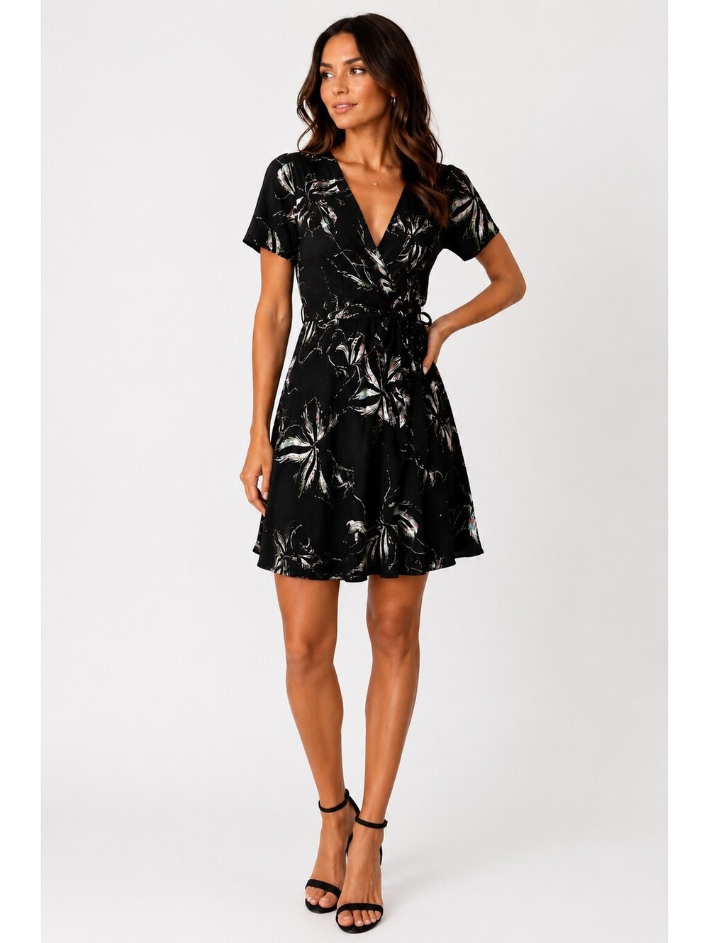 Babaton Aritzia Y2K Wrap Midi Kimono Dress Women's S Black Floral Tie Waist